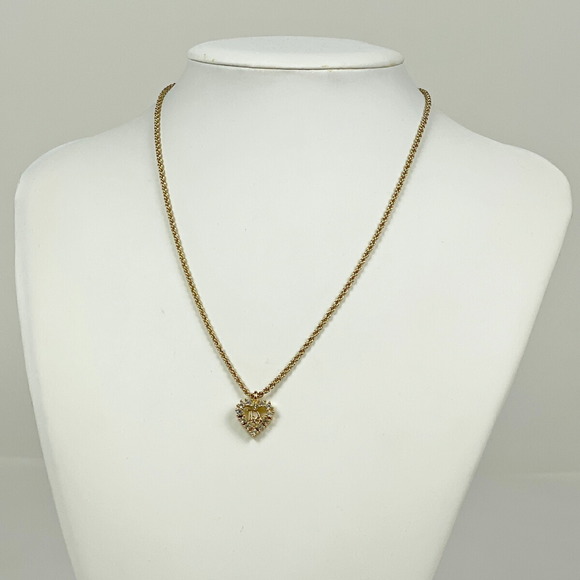 Christian Dior Logo Rhinestone Necklace Heart Motif GP Gold - Picture 4 of 4